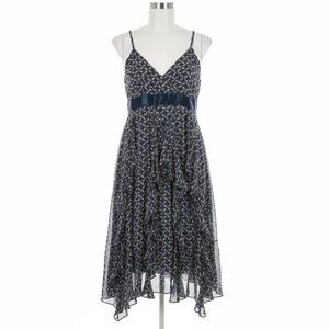 INC Navy Blue Silk Ruffle Tiered Dress Size 6 Casual Chic Flowy Print Midi Y2K